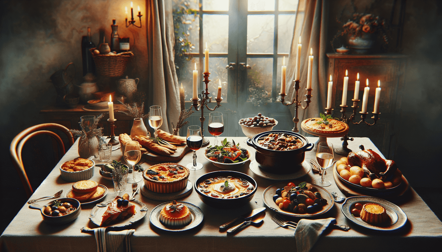 Table dressée avec des plats français traditionnels